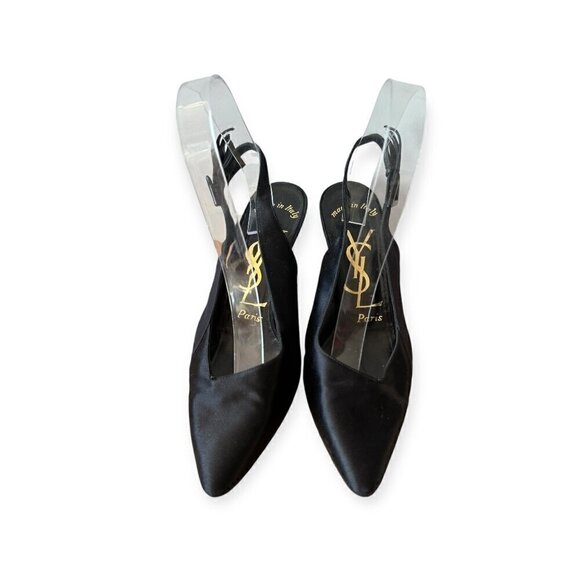 Yves Saint Laurent Vintage 80s Black Satin Slingback Pumps, Size 7 1/2 - Picture 16 of 16